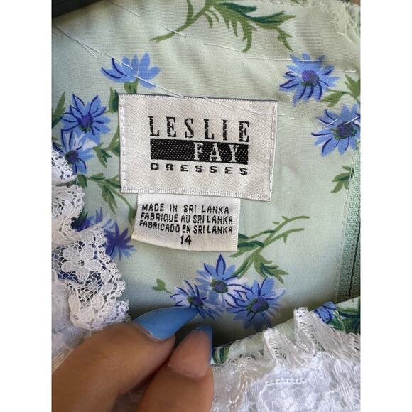 Leslie Fay 90s Grandmacore Prairie Midi Dress 14/Blue Floral Lace Collar - Picture 3 of 9